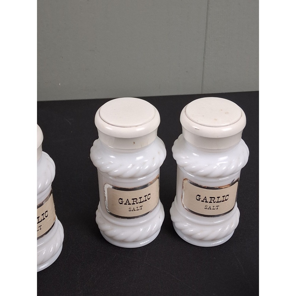 Vintage White Milk Glass Spice Apothecary Jars 3 1/2" Colonial Style Lot of 7 - Picture 11 of 11